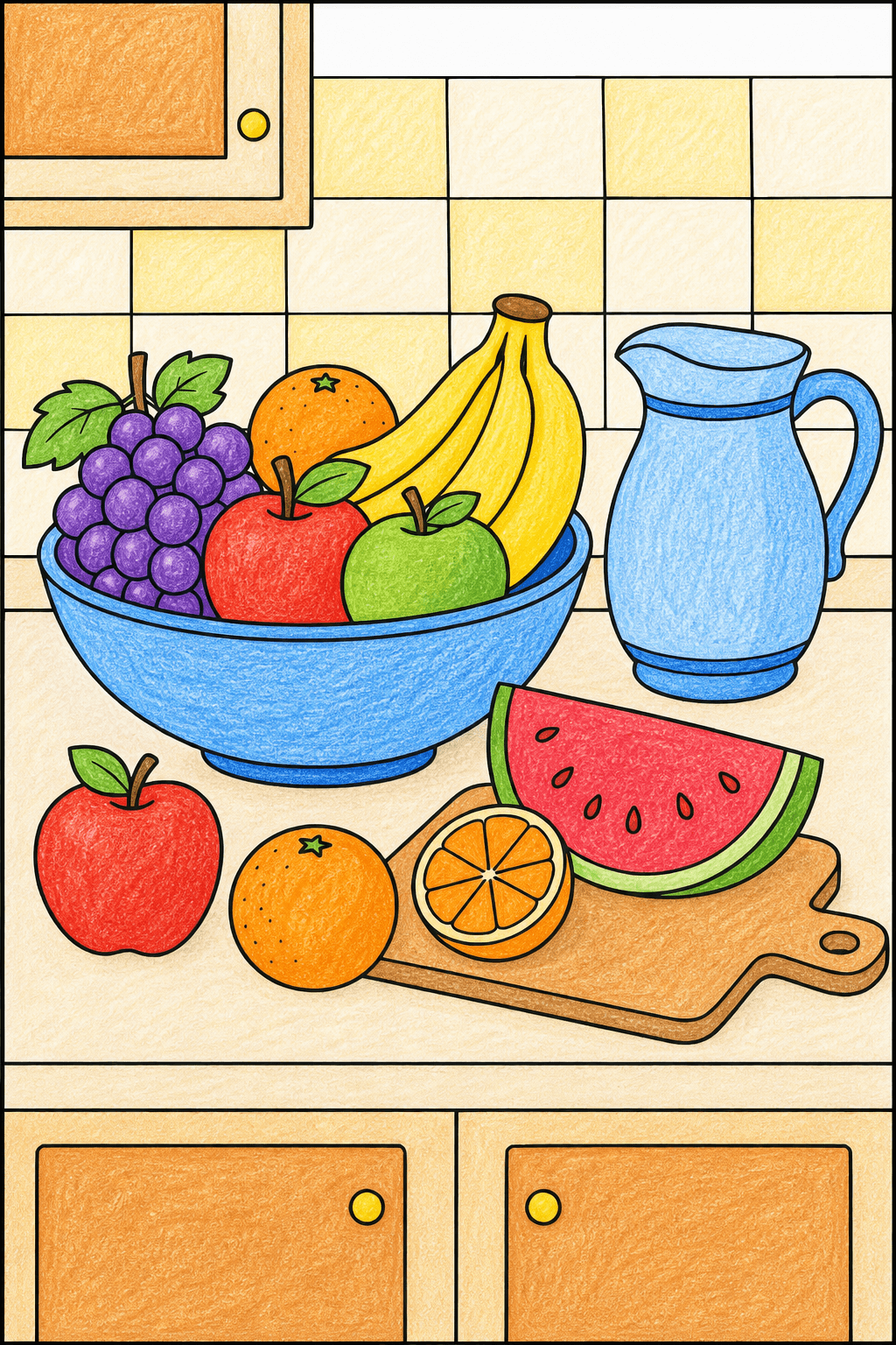 Kitchen Counter Fruit Bowl Coloring Page crayon colorized preview
