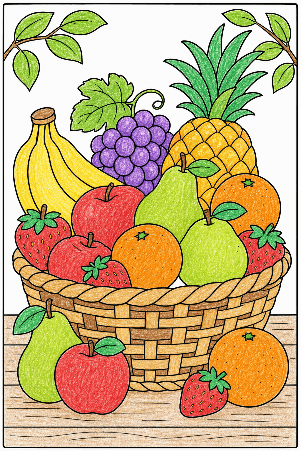 Fruit Basket on a Wooden Table crayon colorized preview