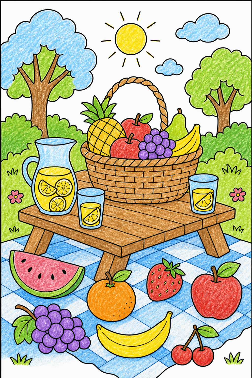 Fruit Picnic Table Coloring Page crayon colorized preview