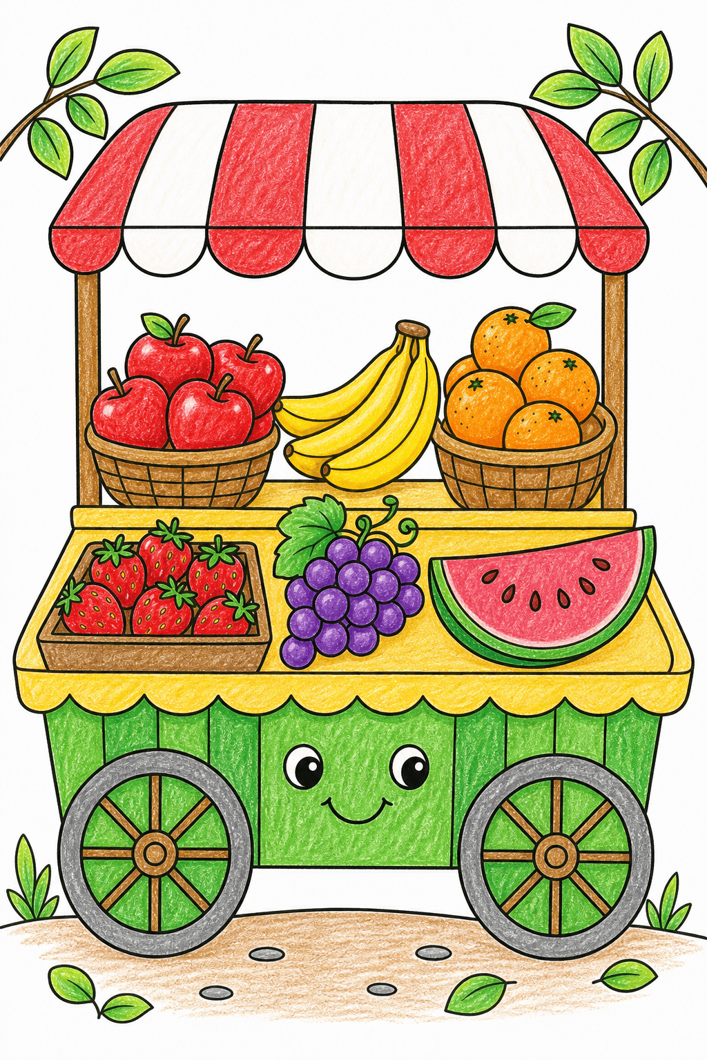 Smiling Fruit Market Cart Coloring Page crayon colorized preview