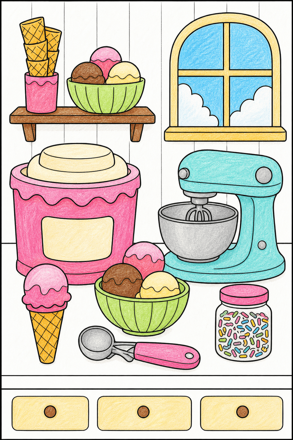 Ice Cream Food Ice Cream Kitchen Counter crayon colorized preview