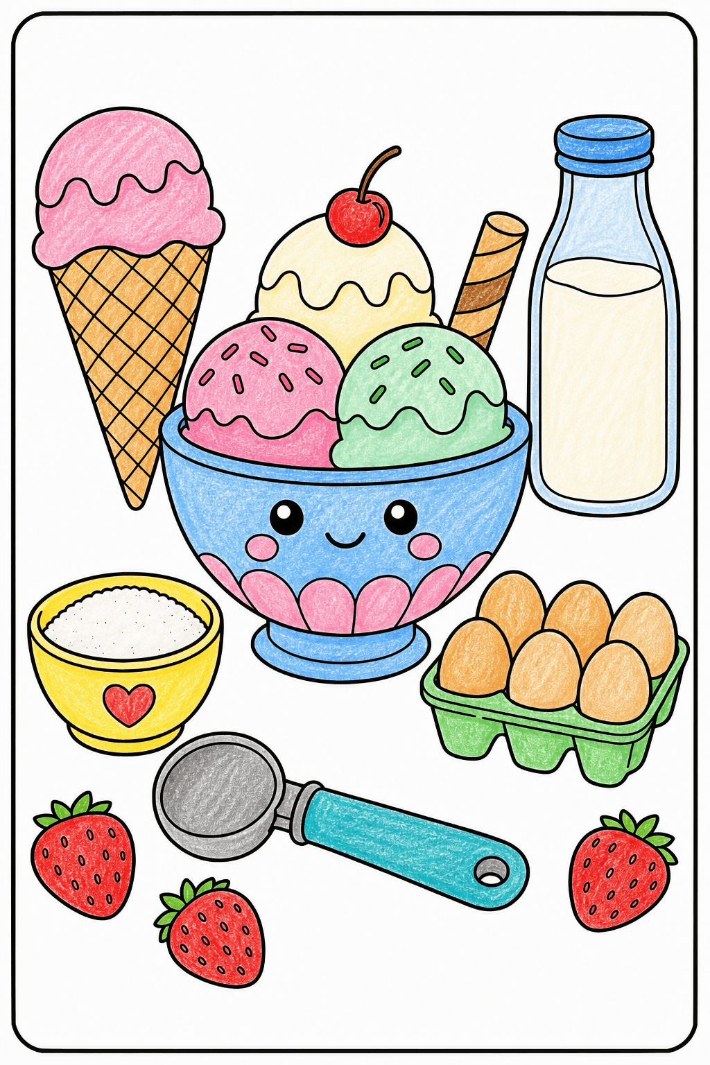 Ice Cream Food Ice Cream Simple Ingredient Set crayon colorized preview
