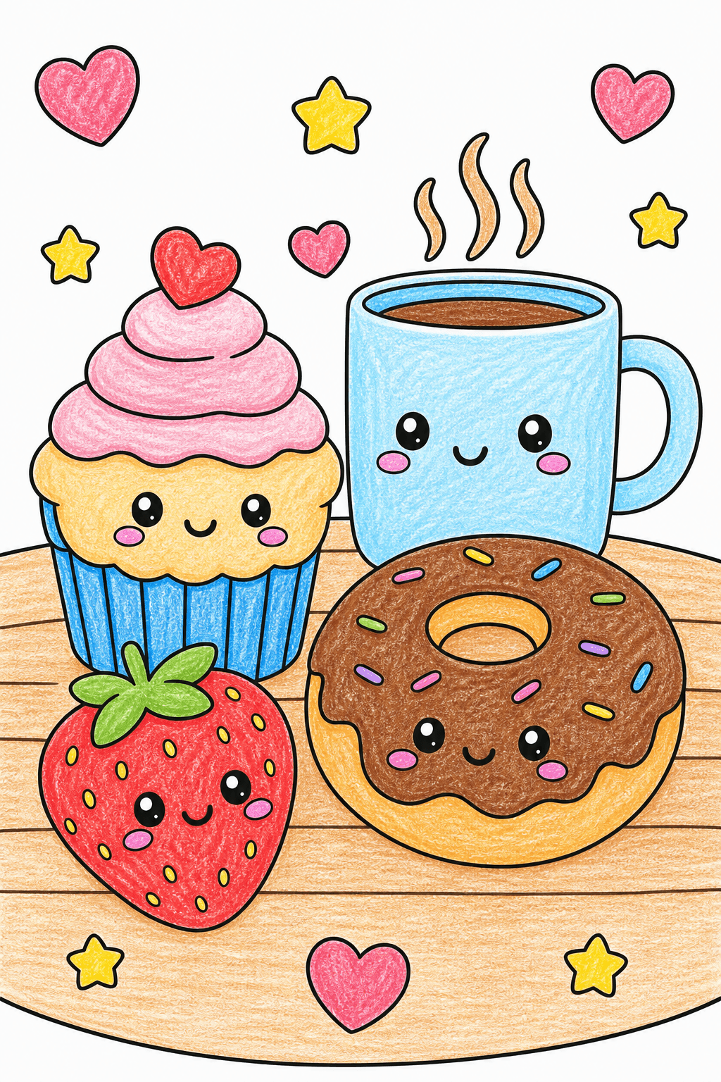 Smiling Desserts and Steaming Mug crayon colorized preview