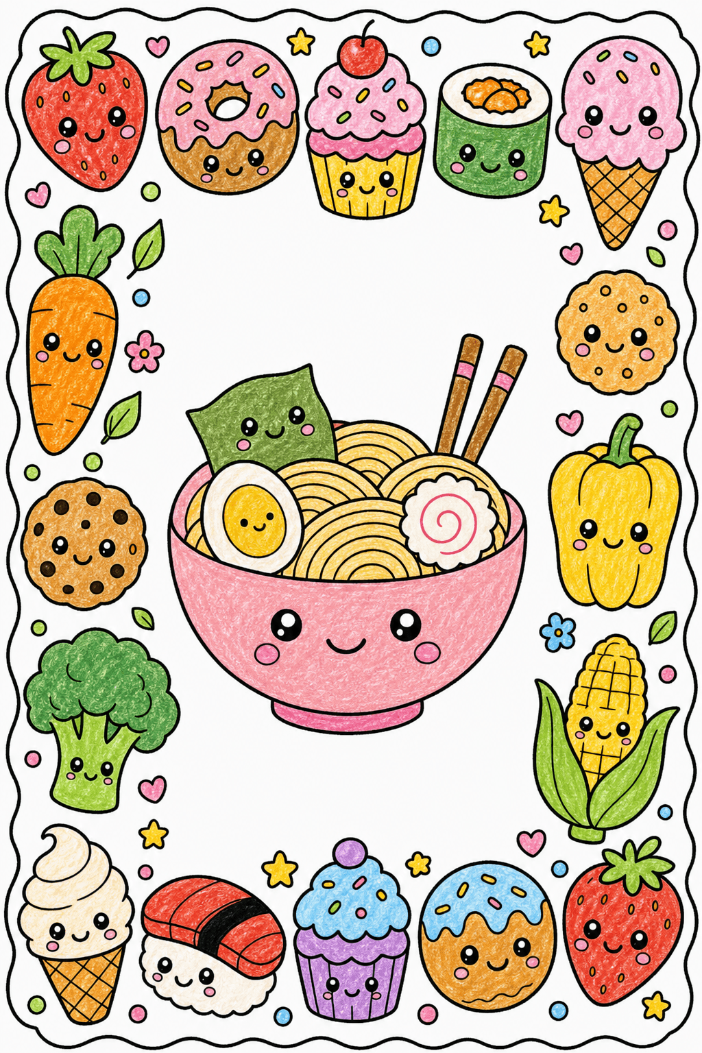 Smiling Noodle Bowl with a Food Border crayon colorized preview