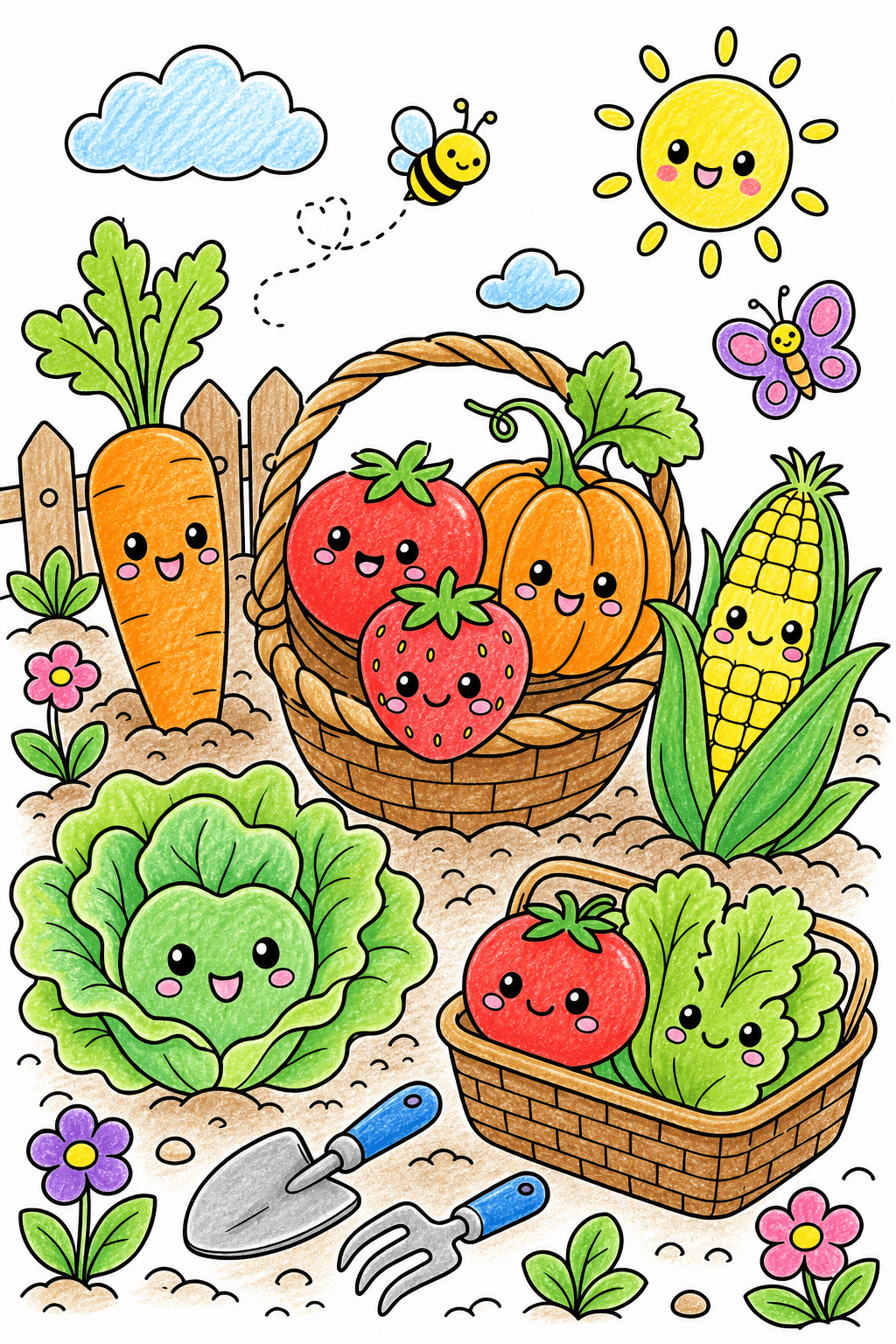 Kawaii Garden Harvest Coloring Page crayon colorized preview