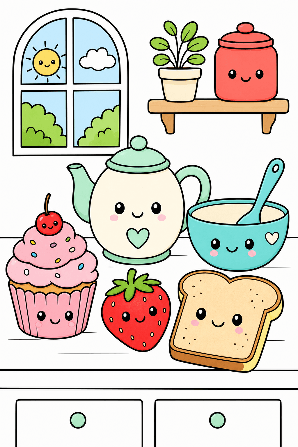 Kawaii Food on a Kitchen Counter clean-digital colorized preview