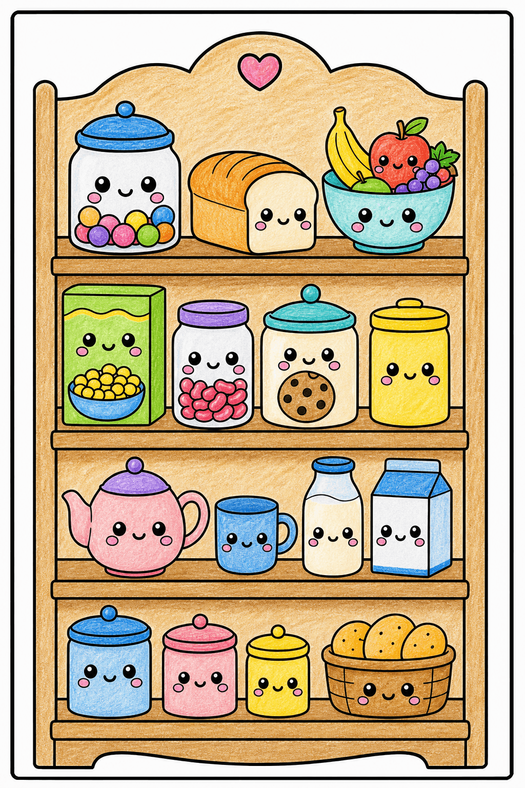 Kawaii Pantry Shelf Coloring Page crayon colorized preview