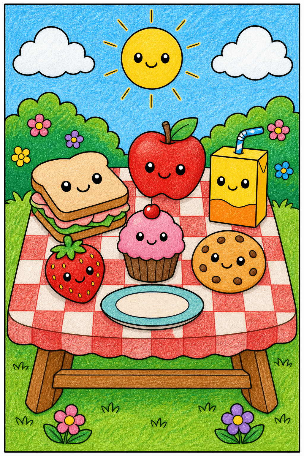 Kawaii Food Picnic on a Checkered Table crayon colorized preview