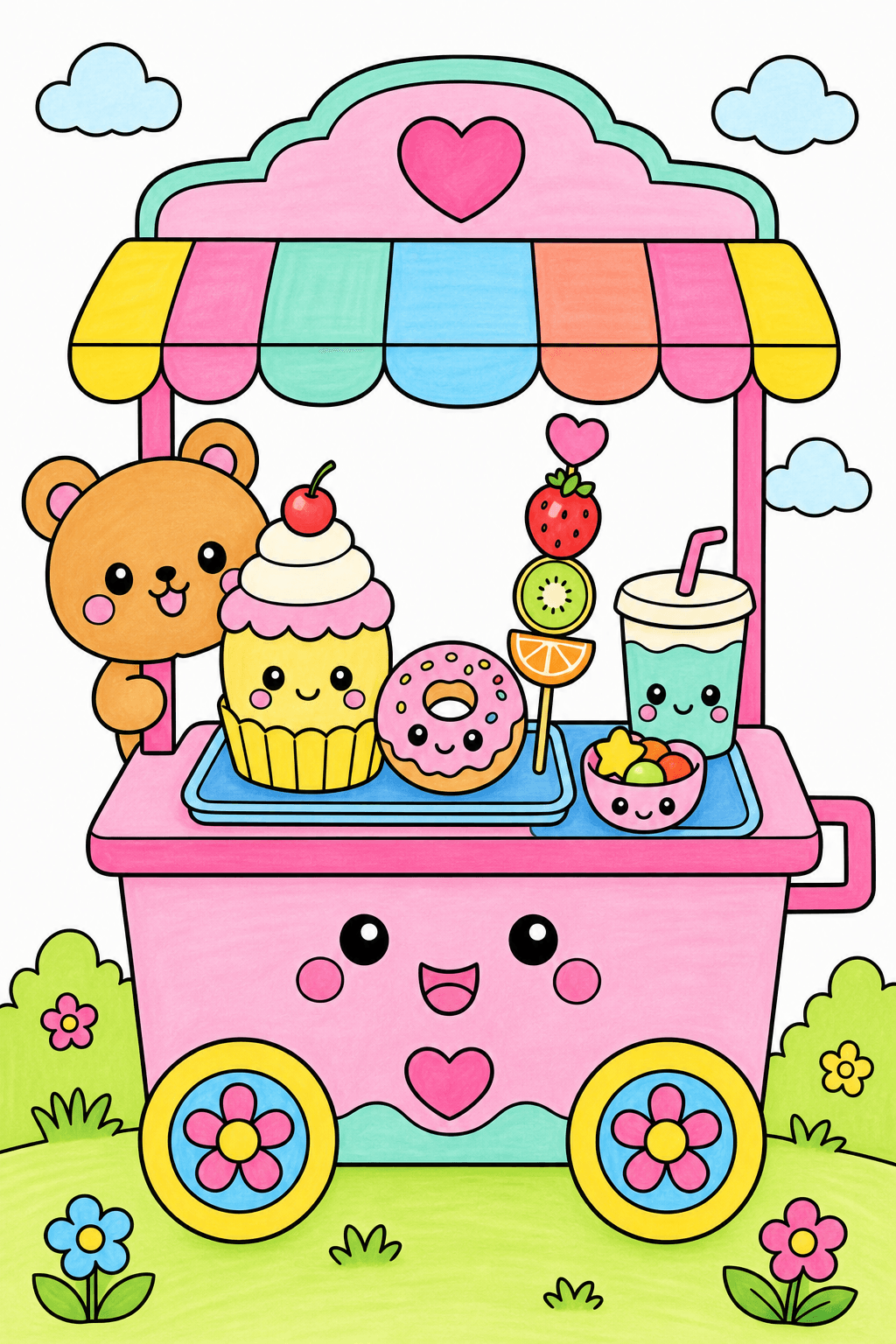Kawaii Treat Cart Coloring Page marker colorized preview