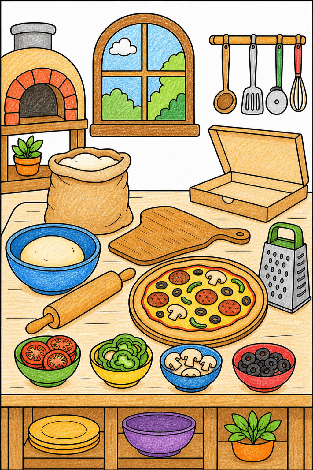 Pizza Food Pizza Kitchen Counter crayon colorized preview