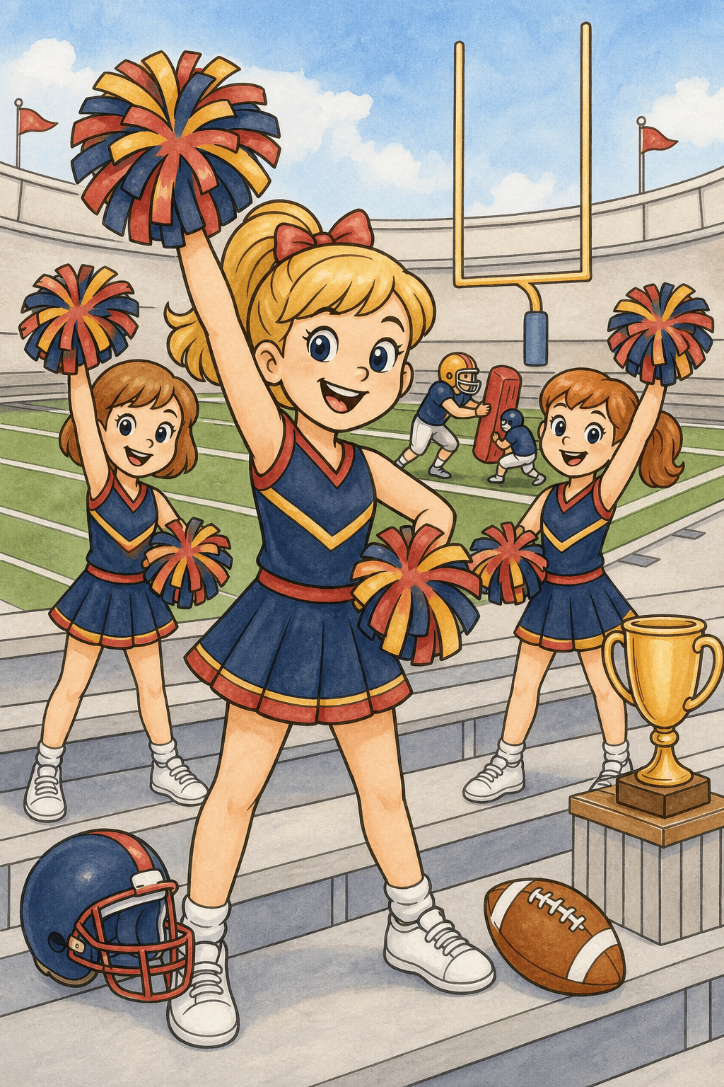 American Football Cheer Section With Pom Poms watercolor colorized preview