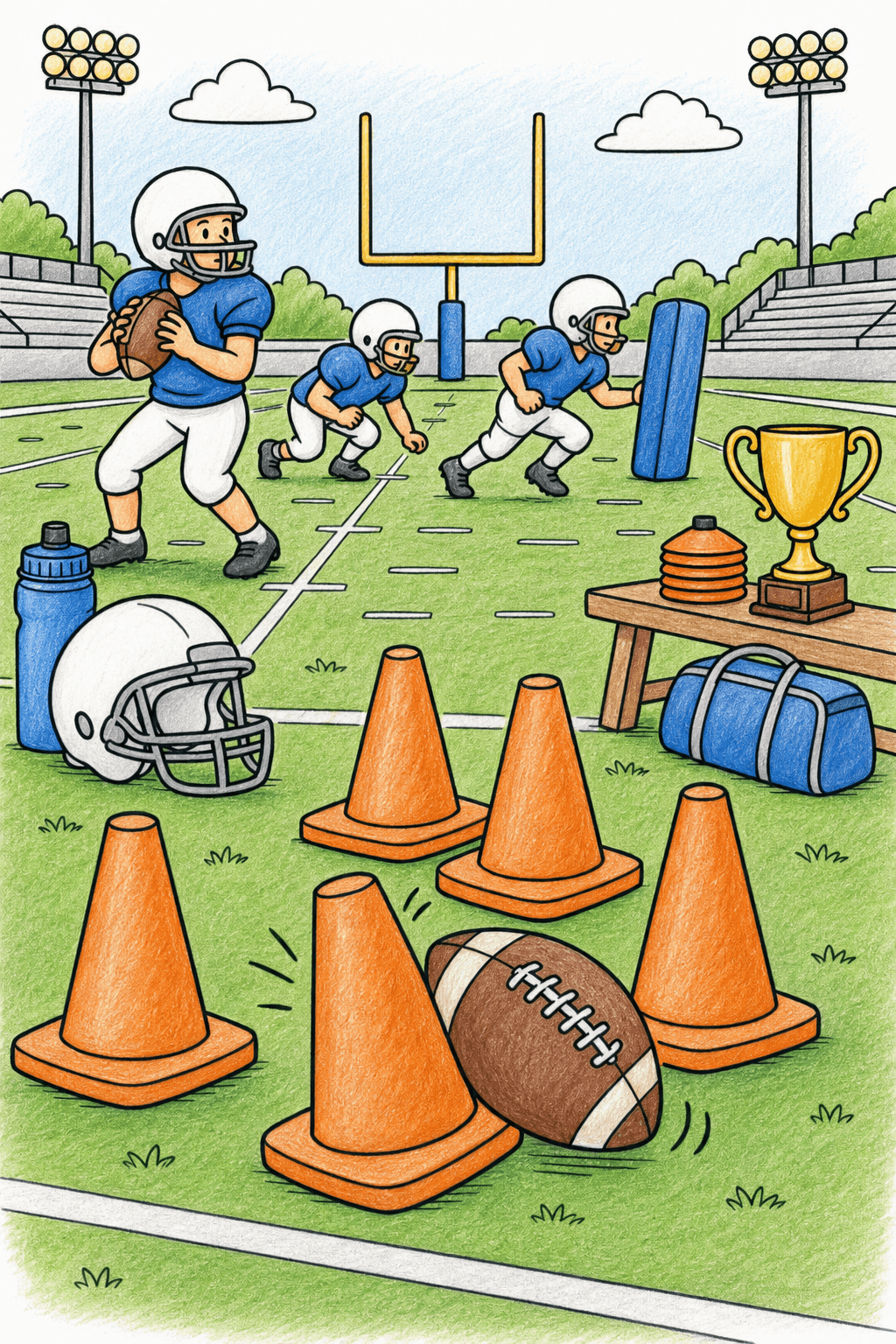 Football Drill with Practice Cones colored-pencil colorized preview