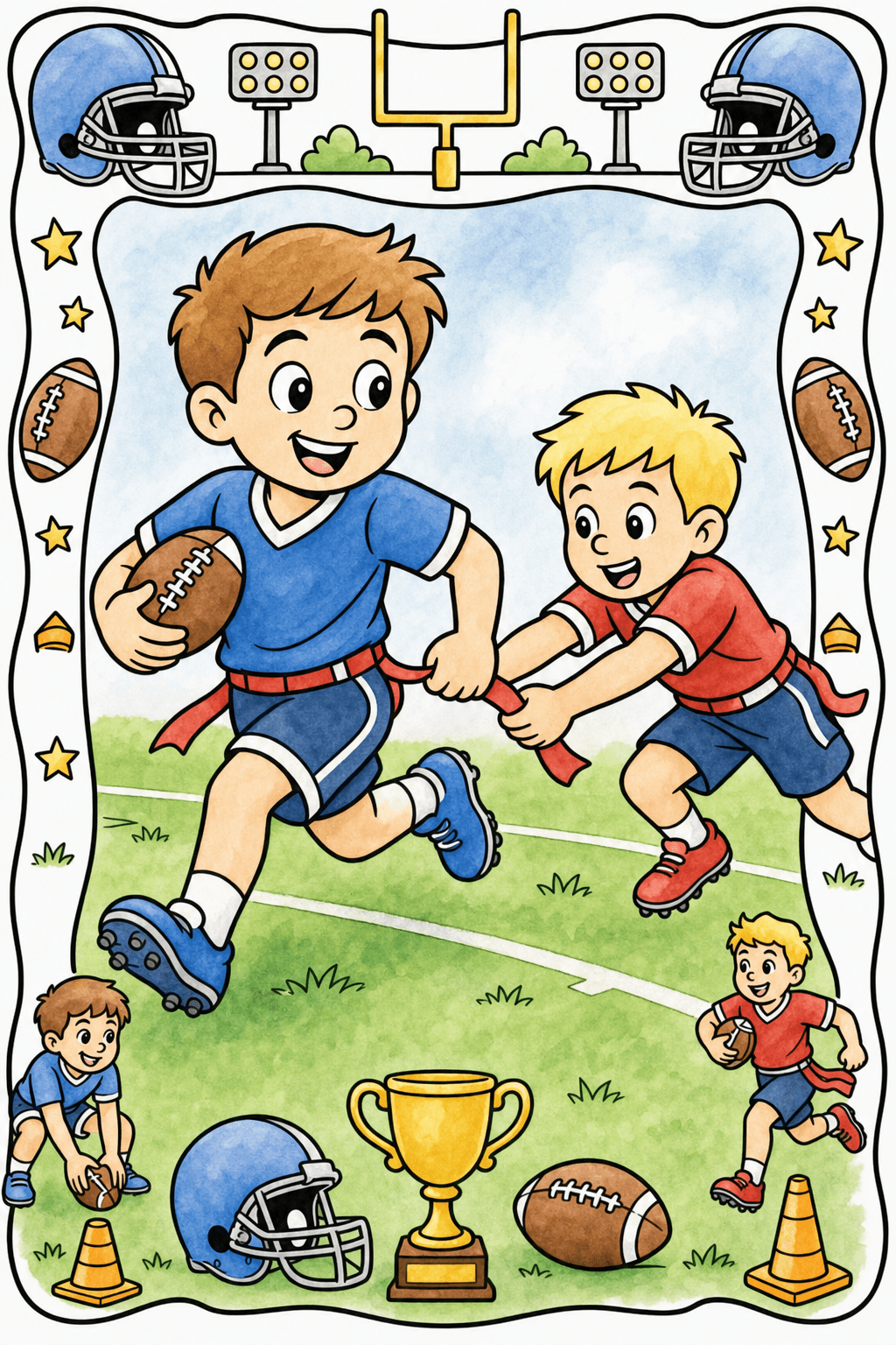 American Football Kid Flag Football Game watercolor colorized preview