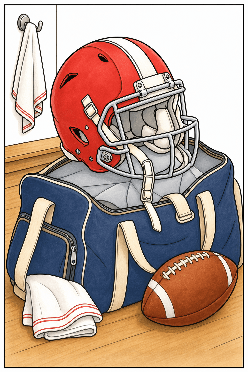 Football Helmet and Duffel Bag Locker Room Scene storybook colorized preview