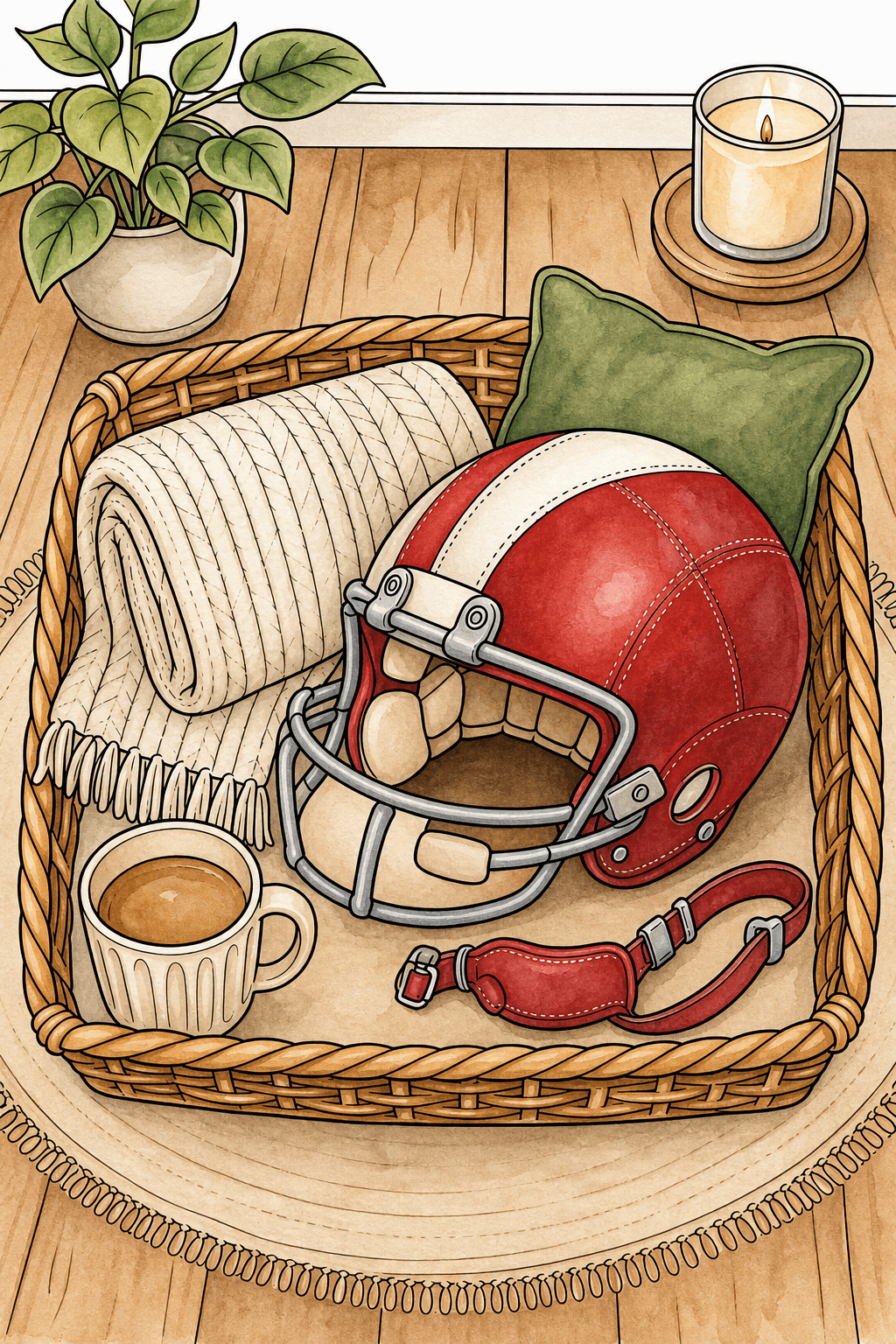 Football Helmet in a Cozy Indoor Basket watercolor colorized preview