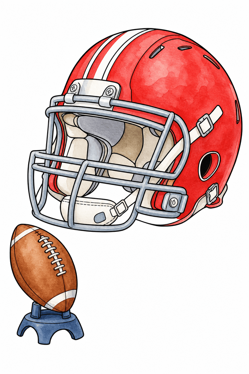 Football Helmet with Ball on a Kicking Tee watercolor colorized preview
