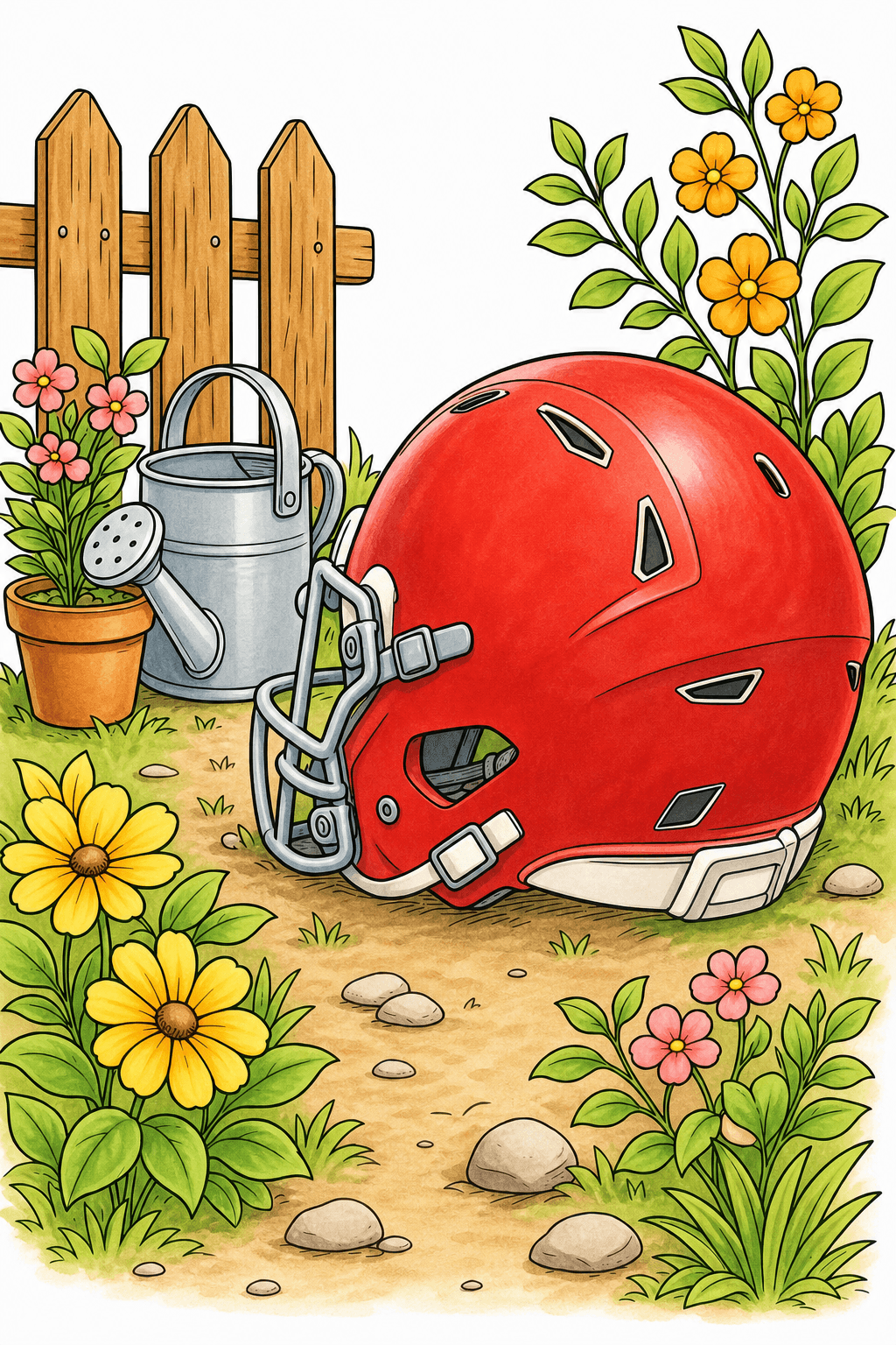 Football Helmet in a Garden with Flowers storybook colorized preview