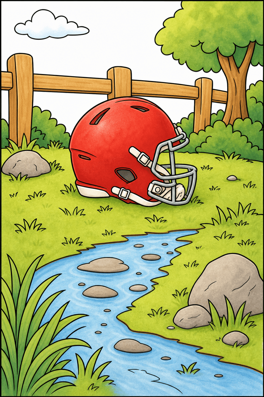 Football Helmet in a Streamside Landscape storybook colorized preview