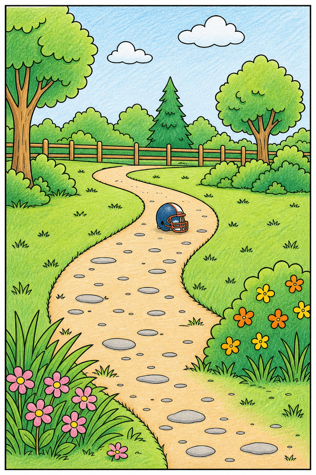Football Helmet on a Winding Garden Path colored-pencil colorized preview