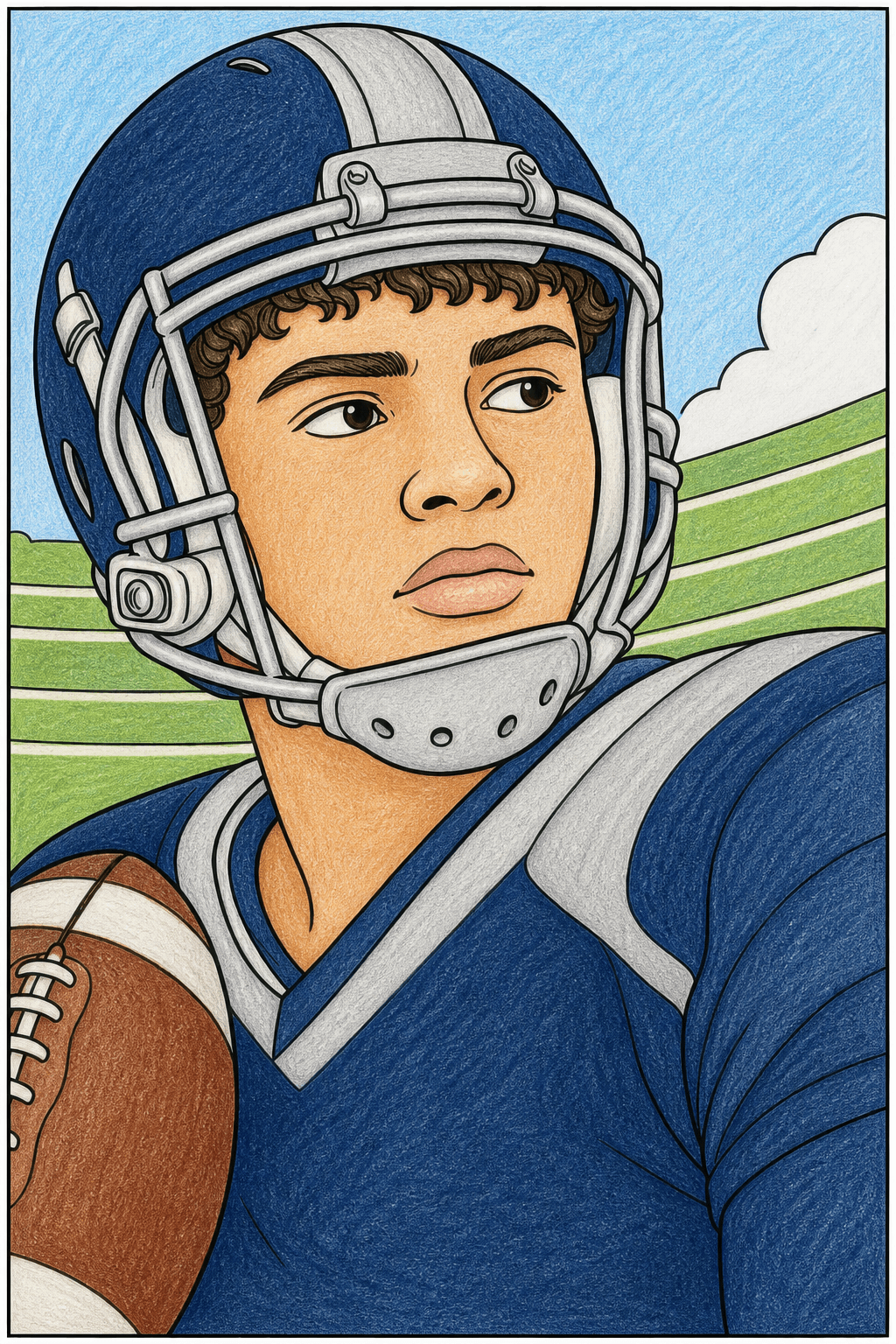 Close-Up Football Player Coloring Page colored-pencil colorized preview