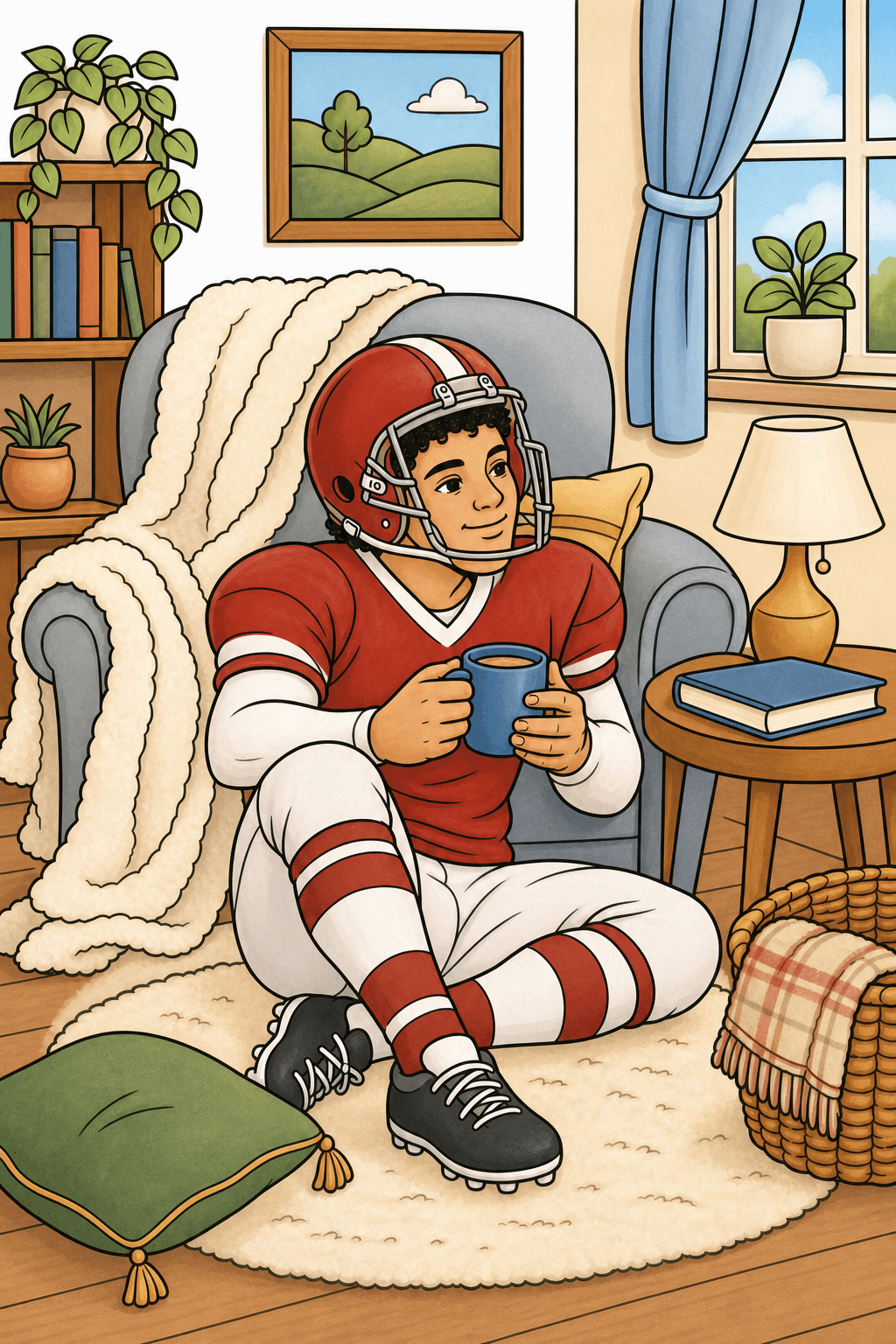 Football Player Relaxing with a Mug Indoors storybook colorized preview