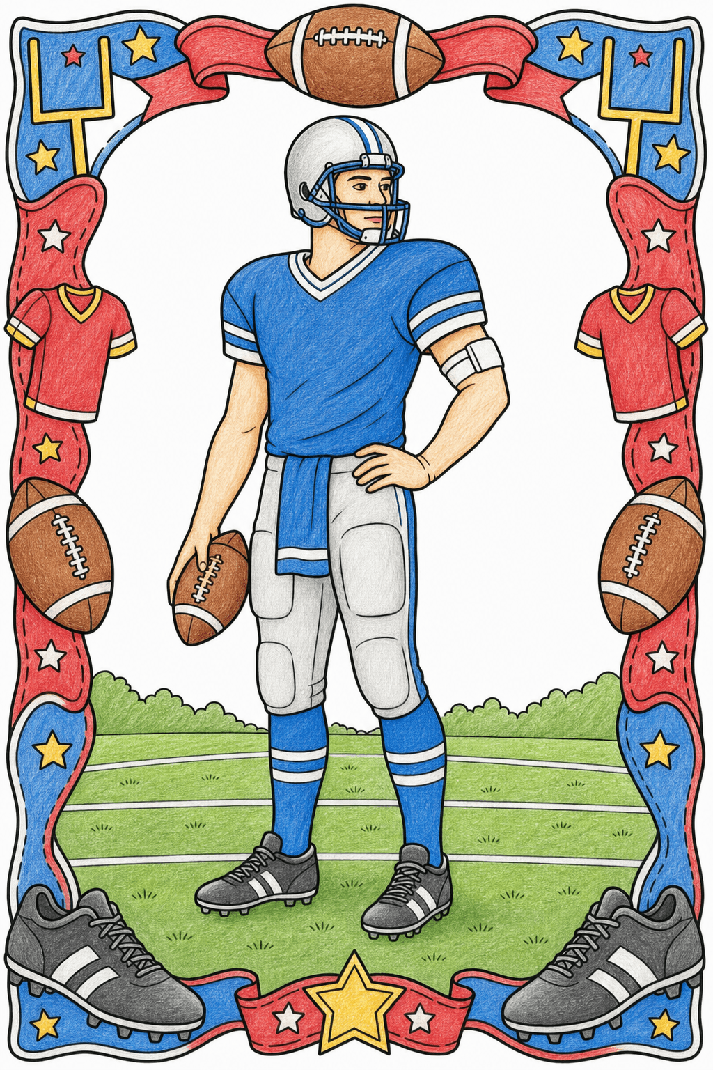 Football Player in a Decorative Sports Frame colored-pencil colorized preview