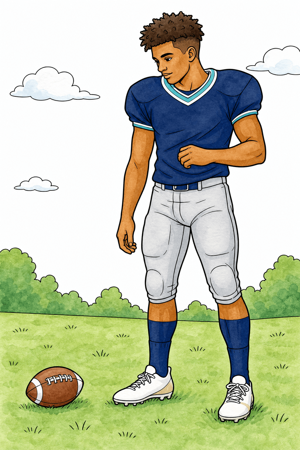 Football Player Looking Down at the Ball watercolor colorized preview