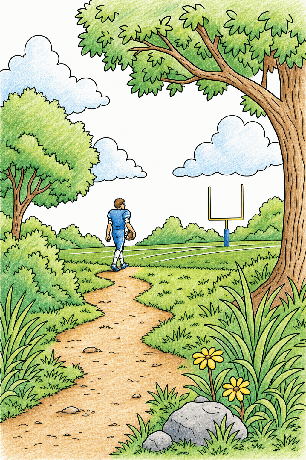 Football Player Walking Toward a Goalpost colored-pencil colorized preview