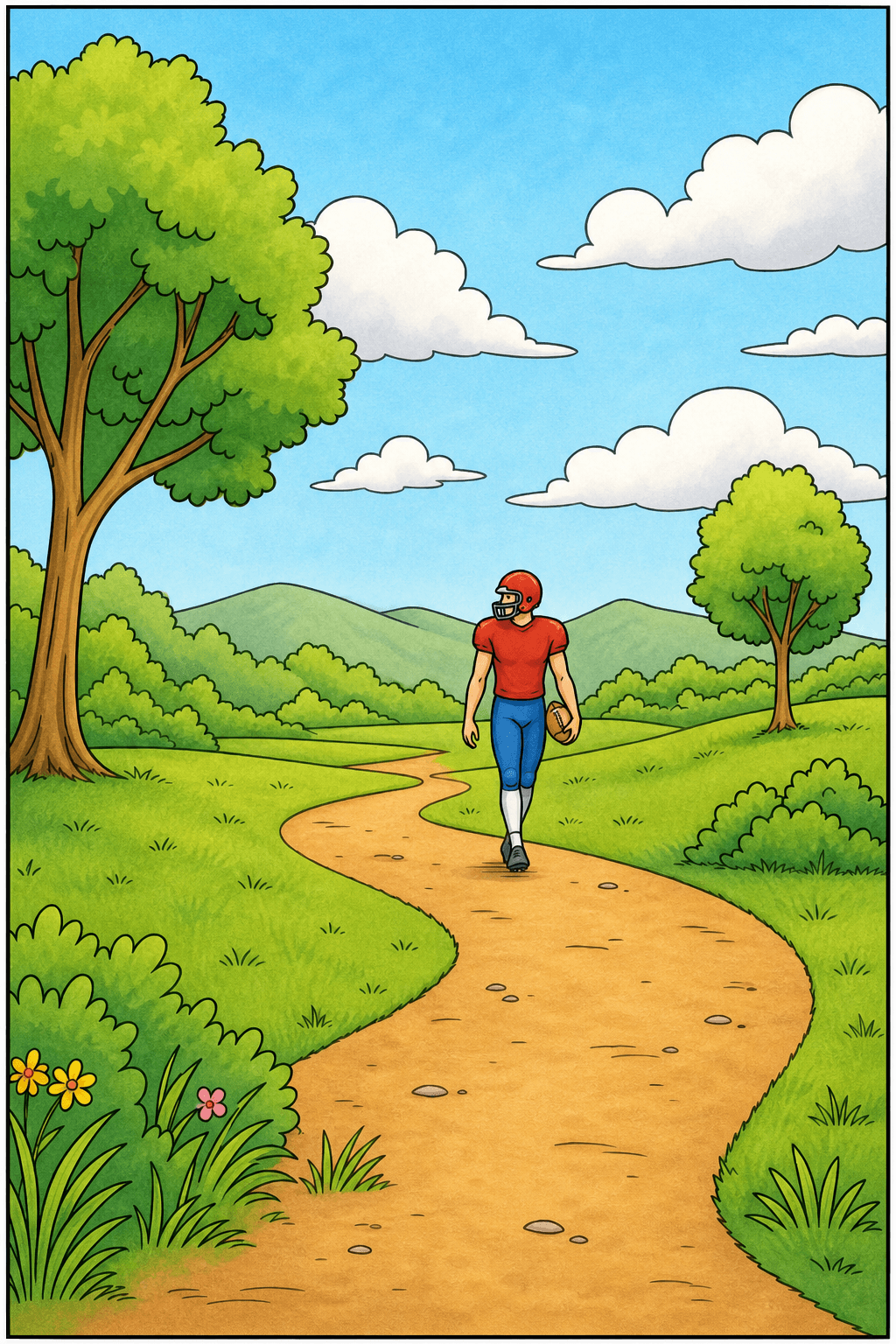 Football Player Walking Along a Winding Path storybook colorized preview