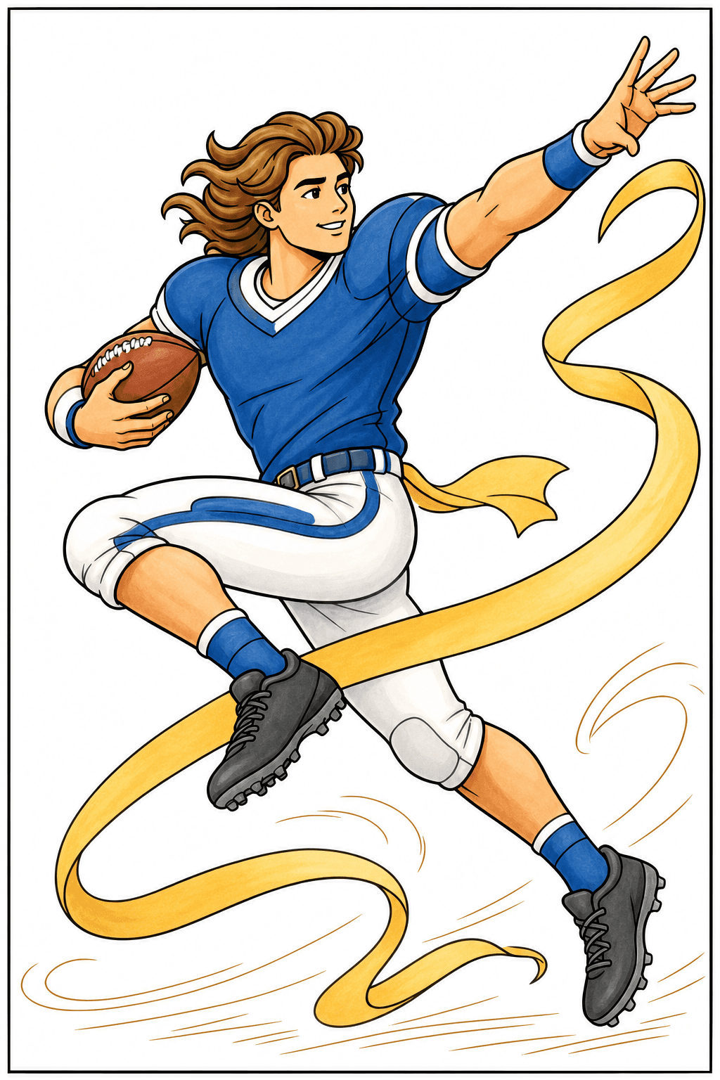 Leaping Football Player Surrounded by Swirls storybook colorized preview
