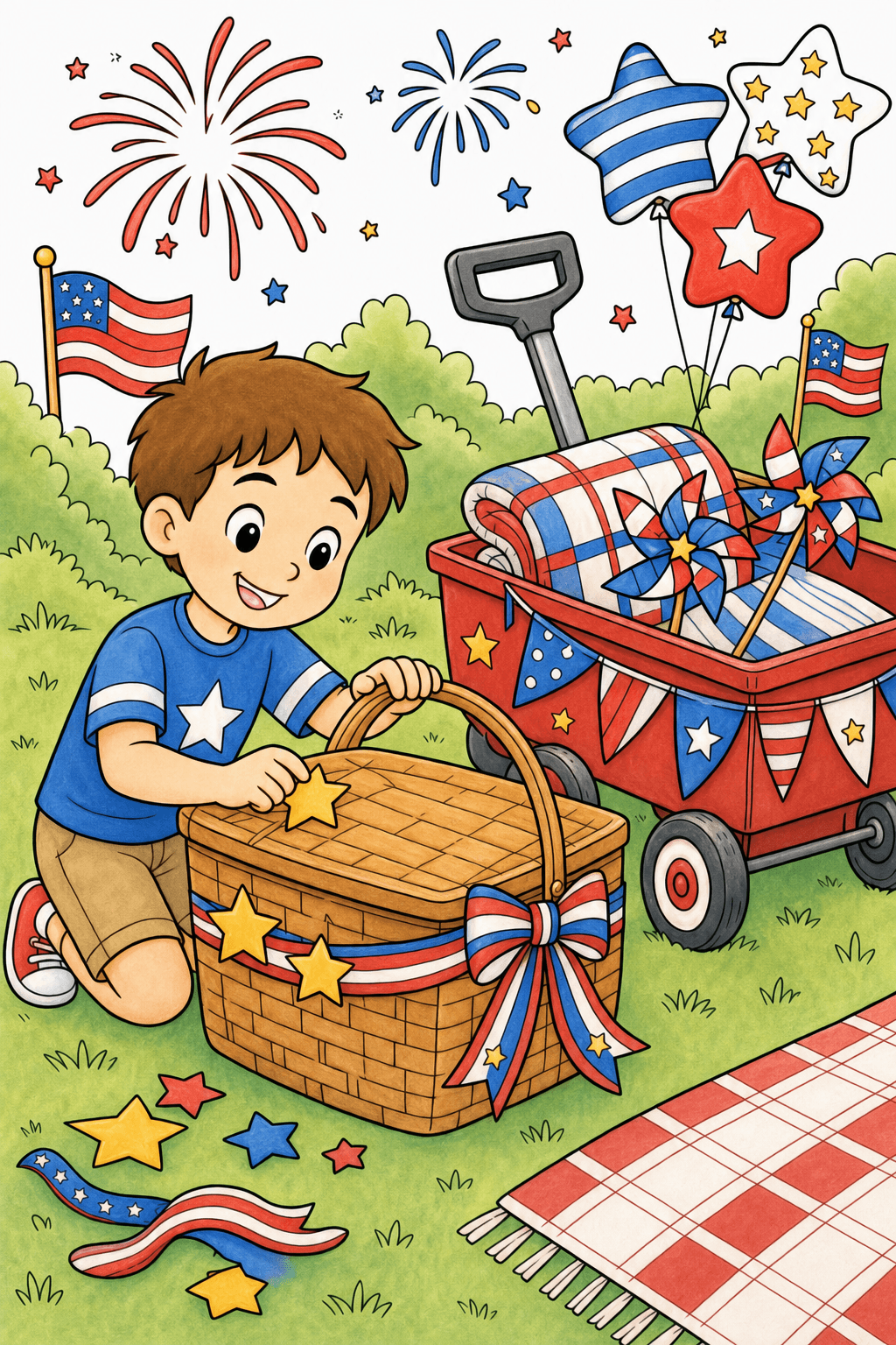 Fourth of July Picnic with a Child and Wagon storybook colorized preview