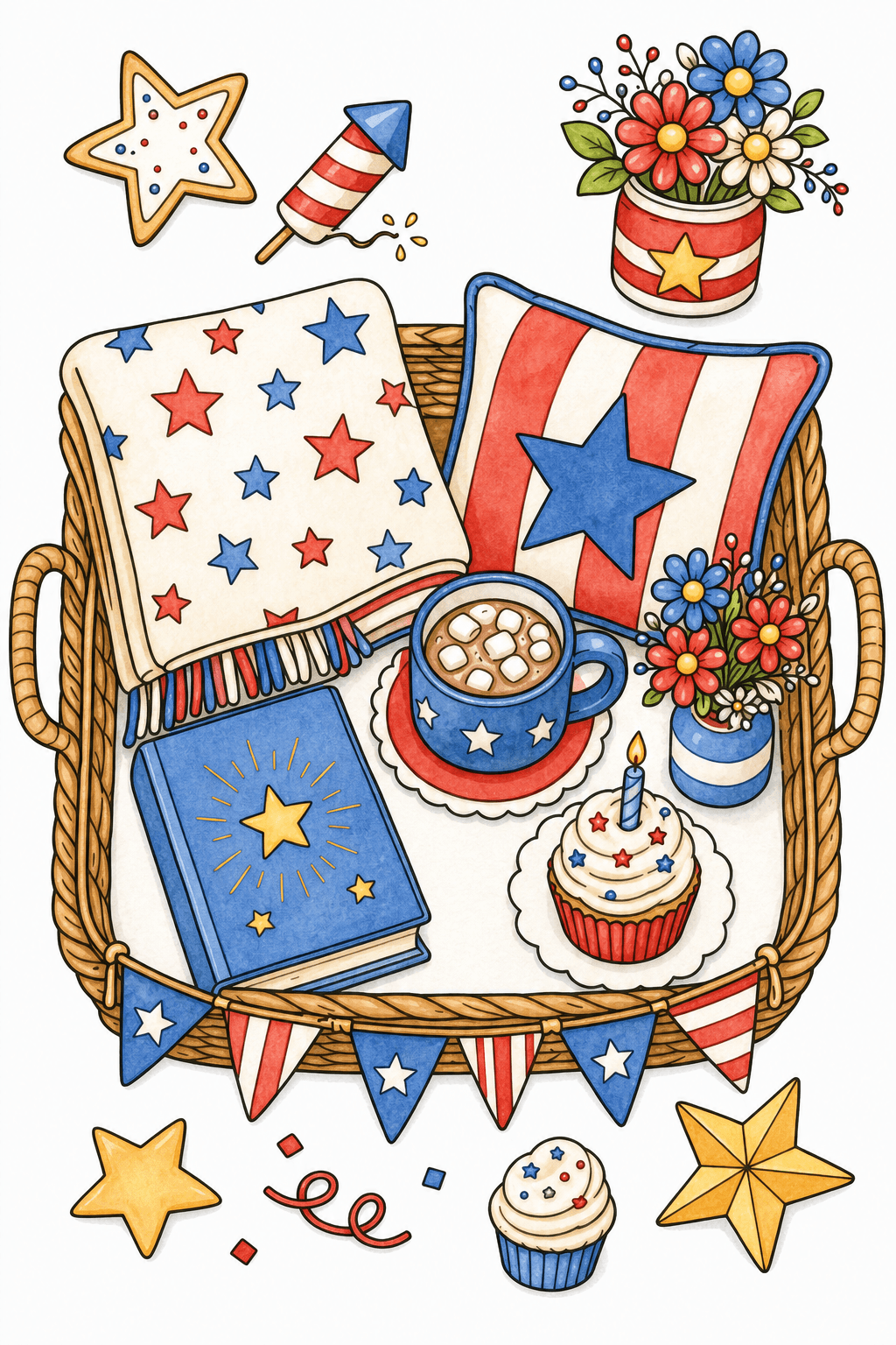 Fourth of July Celebration Basket watercolor colorized preview