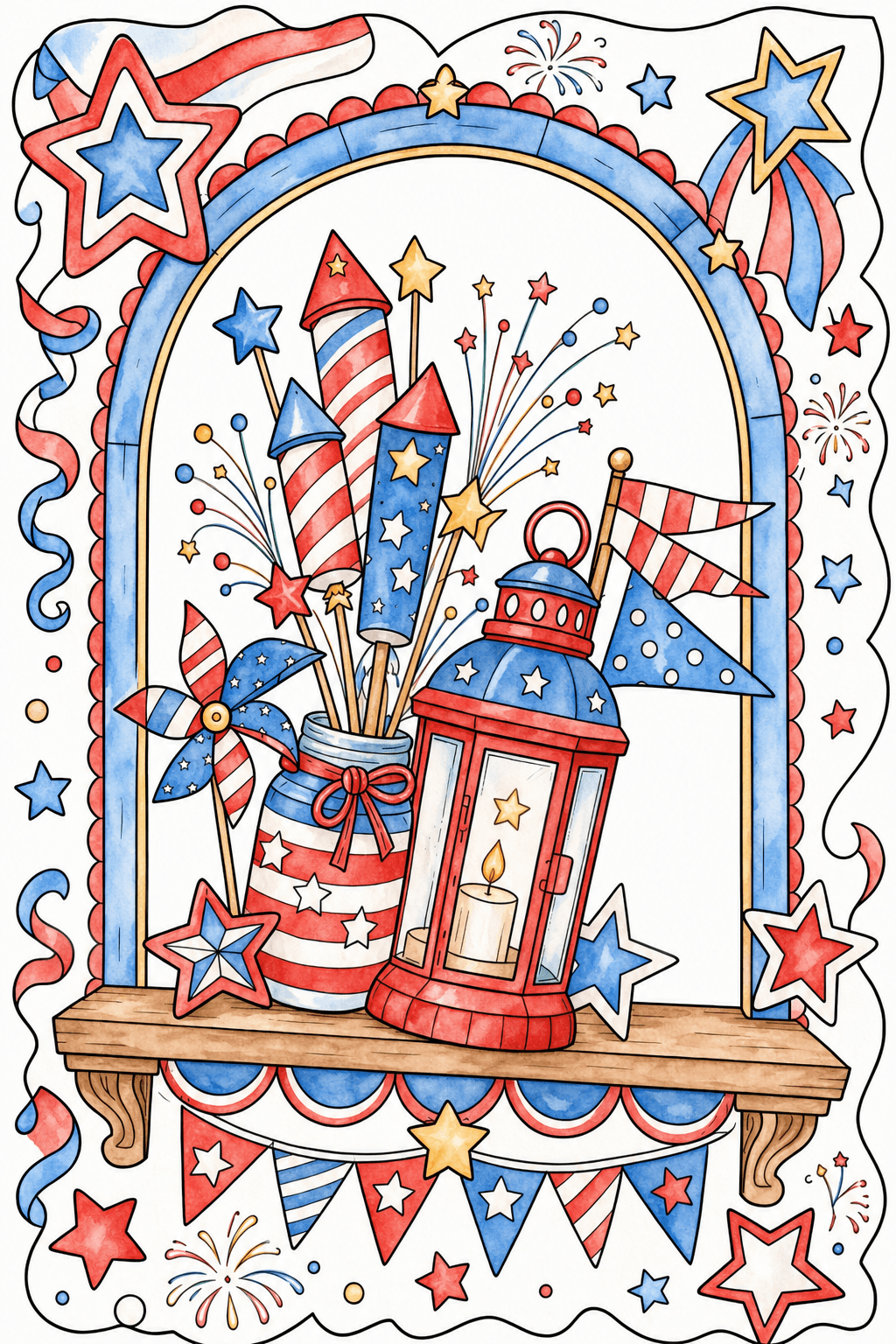 Lantern and Fireworks Display in an Arched Frame watercolor colorized preview