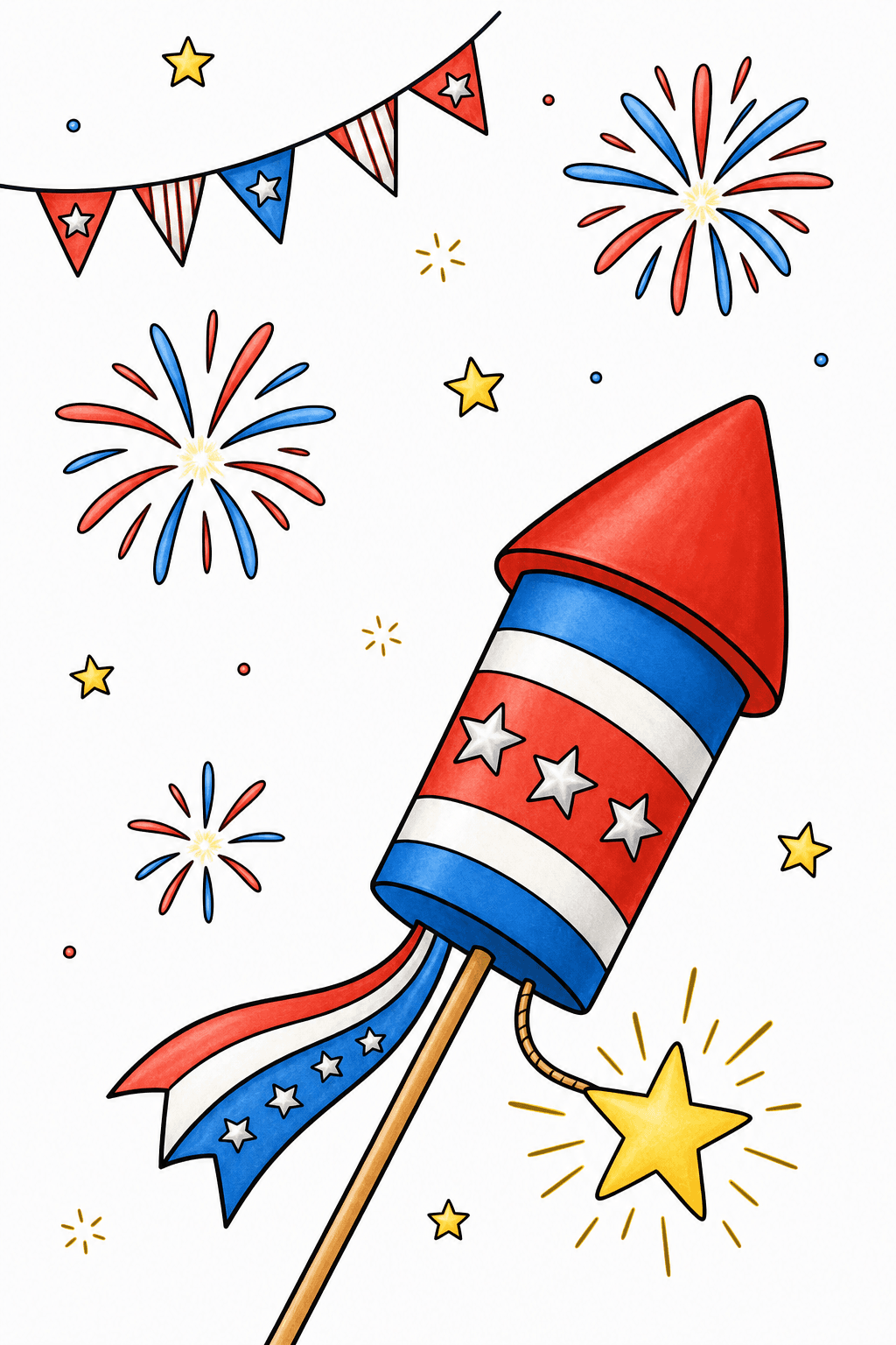 Easy Firework Rocket with Stars and Bunting storybook colorized preview