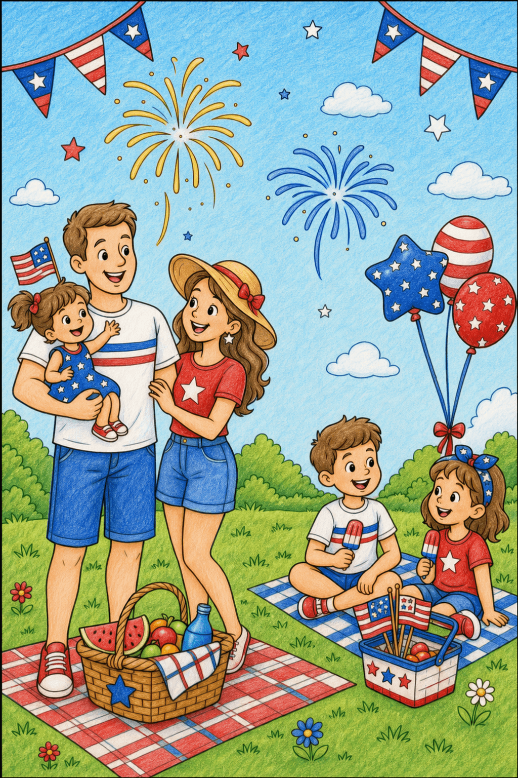 Family Picnic with Fireworks and Balloons colored-pencil colorized preview
