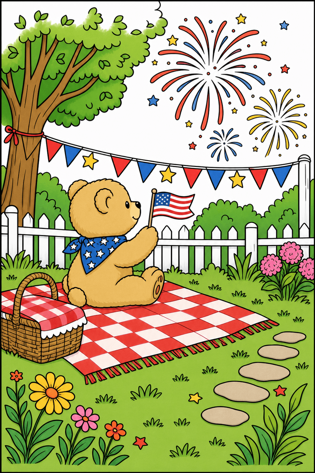 Fourth of July Teddy Bear Picnic with Fireworks clean-digital colorized preview