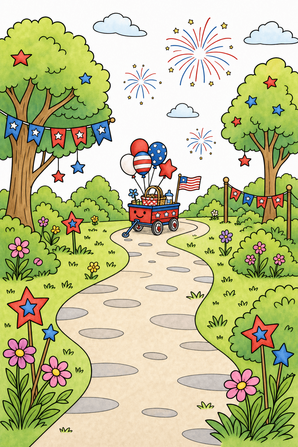 Fourth of July Garden Path with a Wagon storybook colorized preview