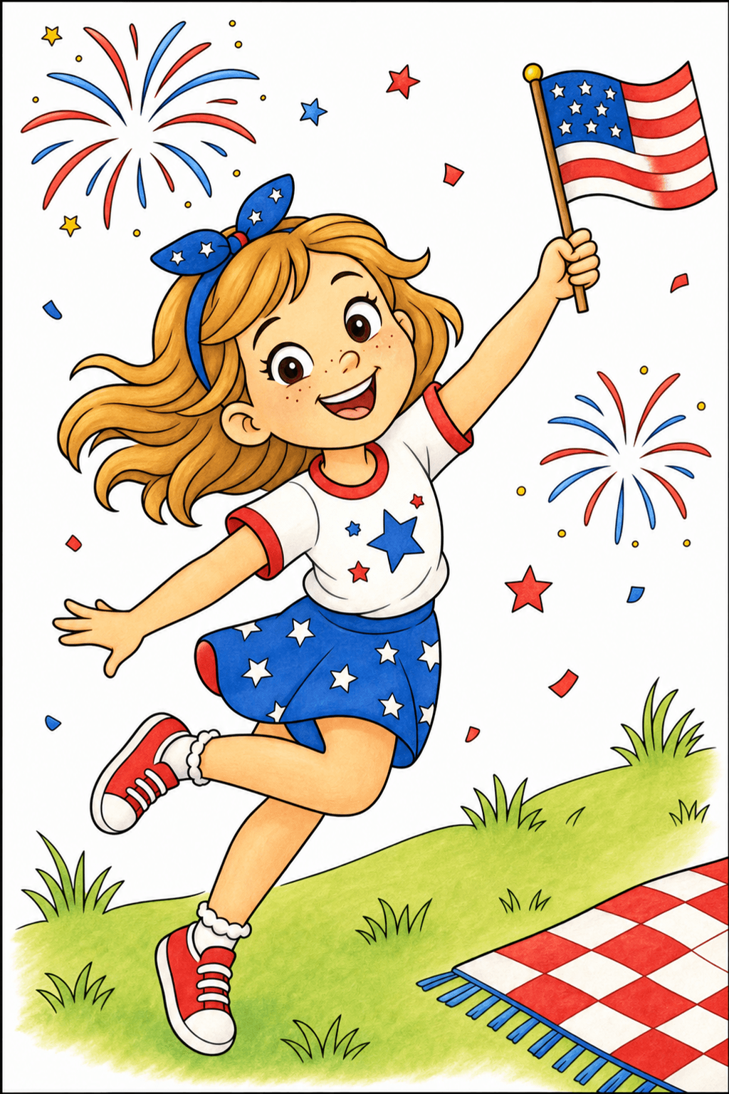Child Waving a Flag on the Fourth of July storybook colorized preview