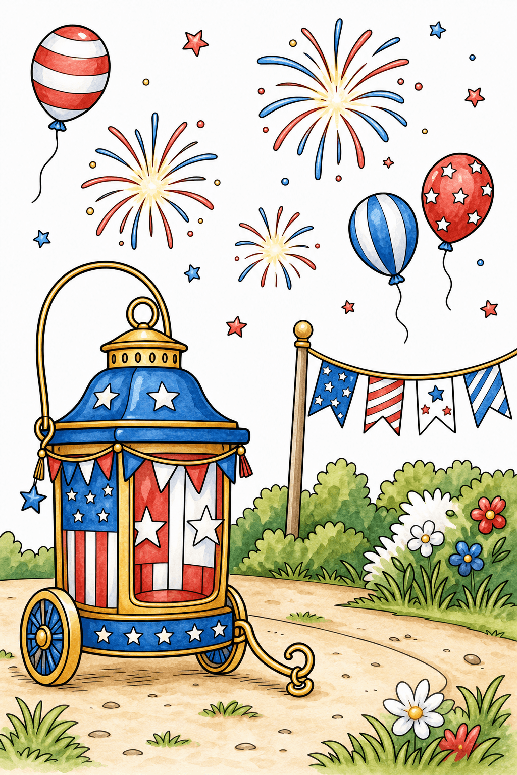 Lantern Wagon Under Fireworks and Balloons watercolor colorized preview