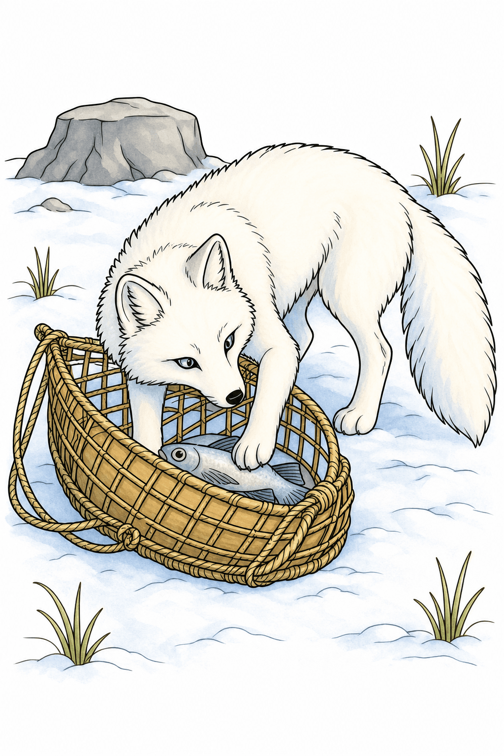 Arctic Fox Inspecting a Basket with a Fish storybook colorized preview