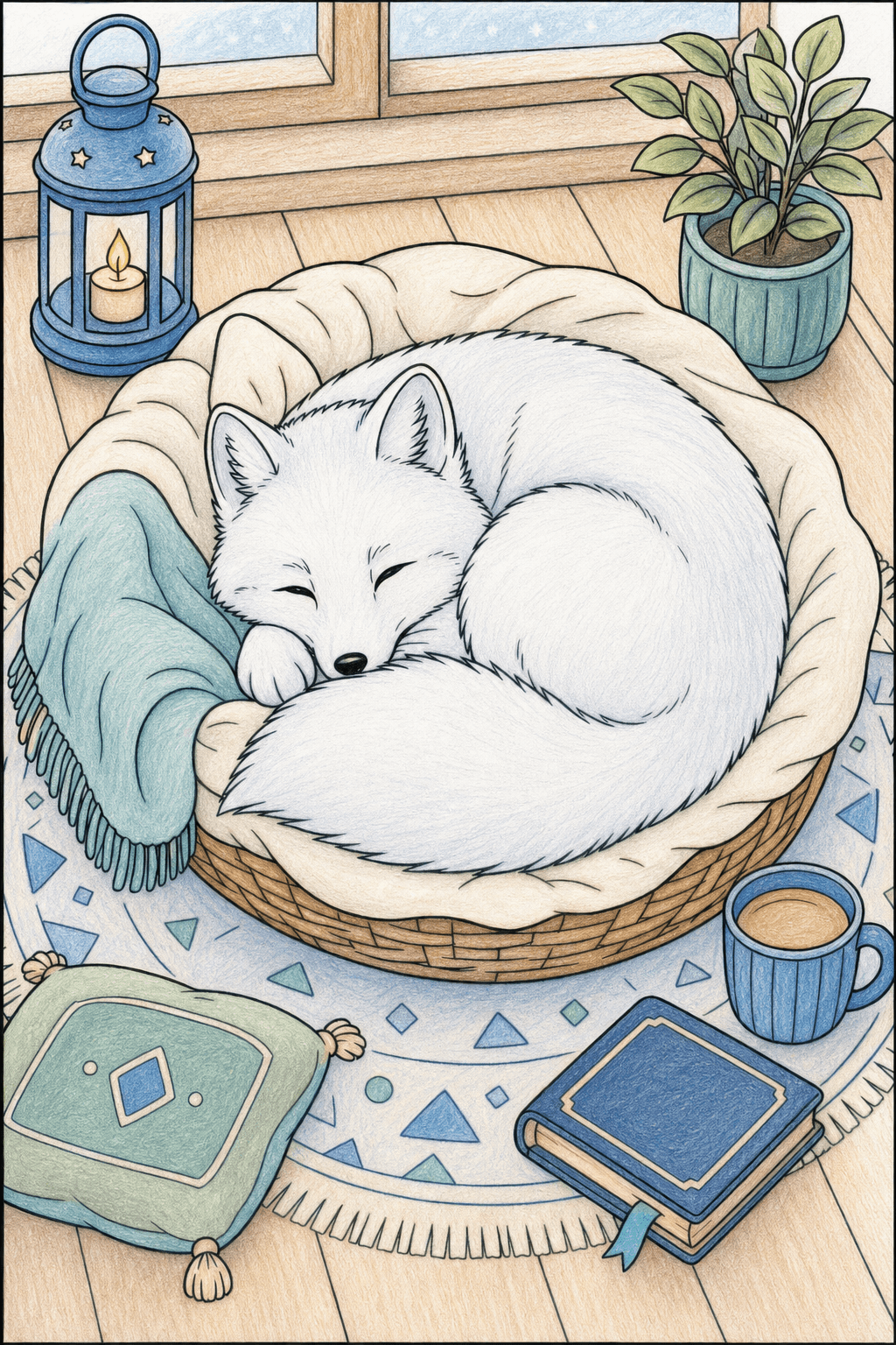 Sleeping Fox Curled Up in a Basket colored-pencil colorized preview
