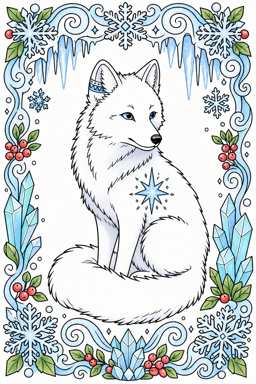 Arctic Fox in a Decorative Winter Border clean-digital colorized preview
