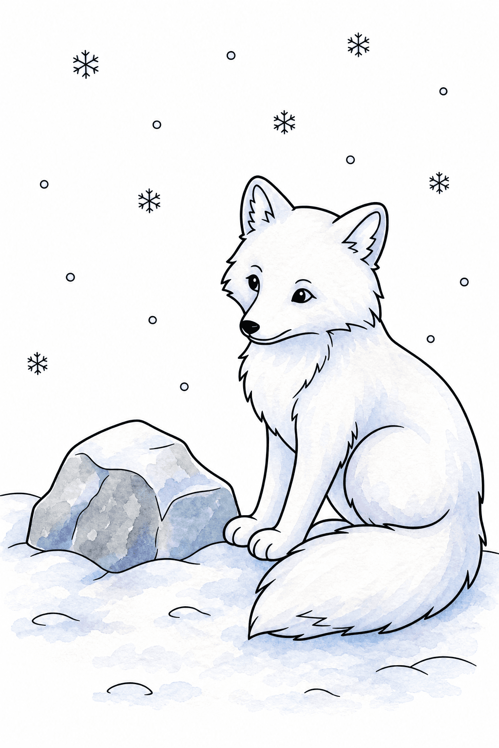 Easy Arctic Fox in Falling Snow watercolor colorized preview
