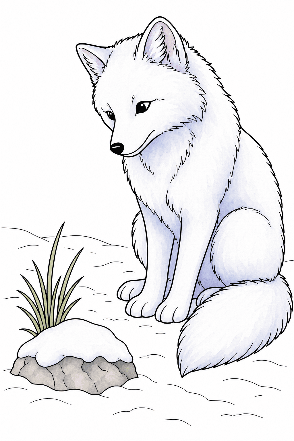 Seated Arctic Fox Beside a Snowy Rock watercolor colorized preview