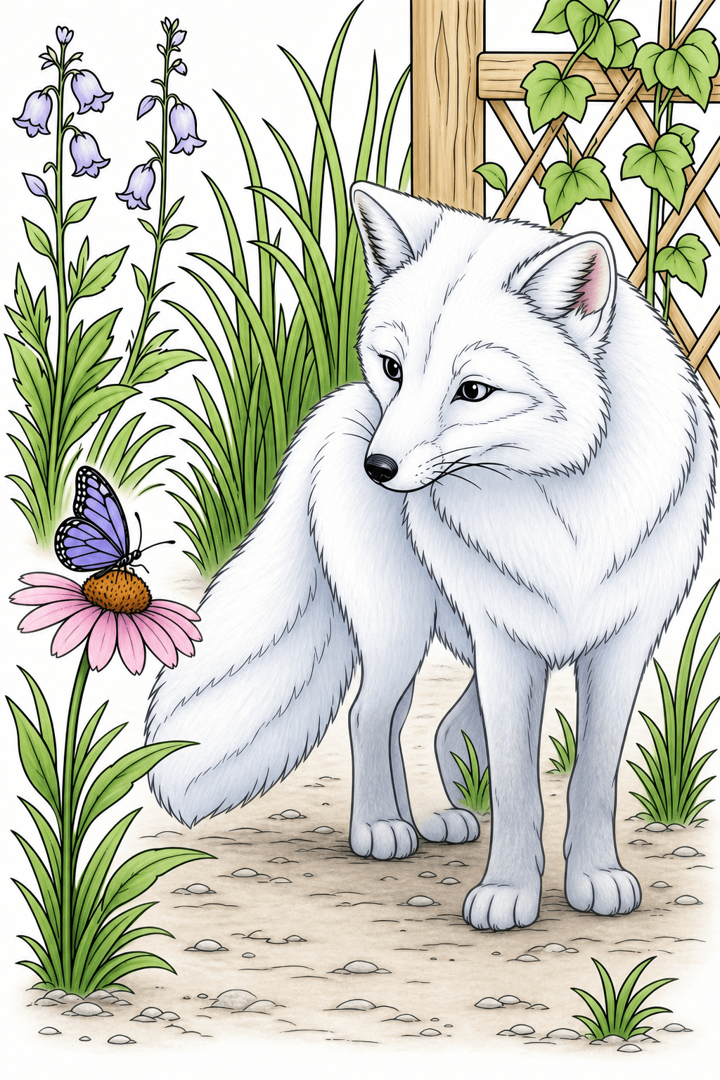 Fox and Butterfly in a Garden clean-digital colorized preview