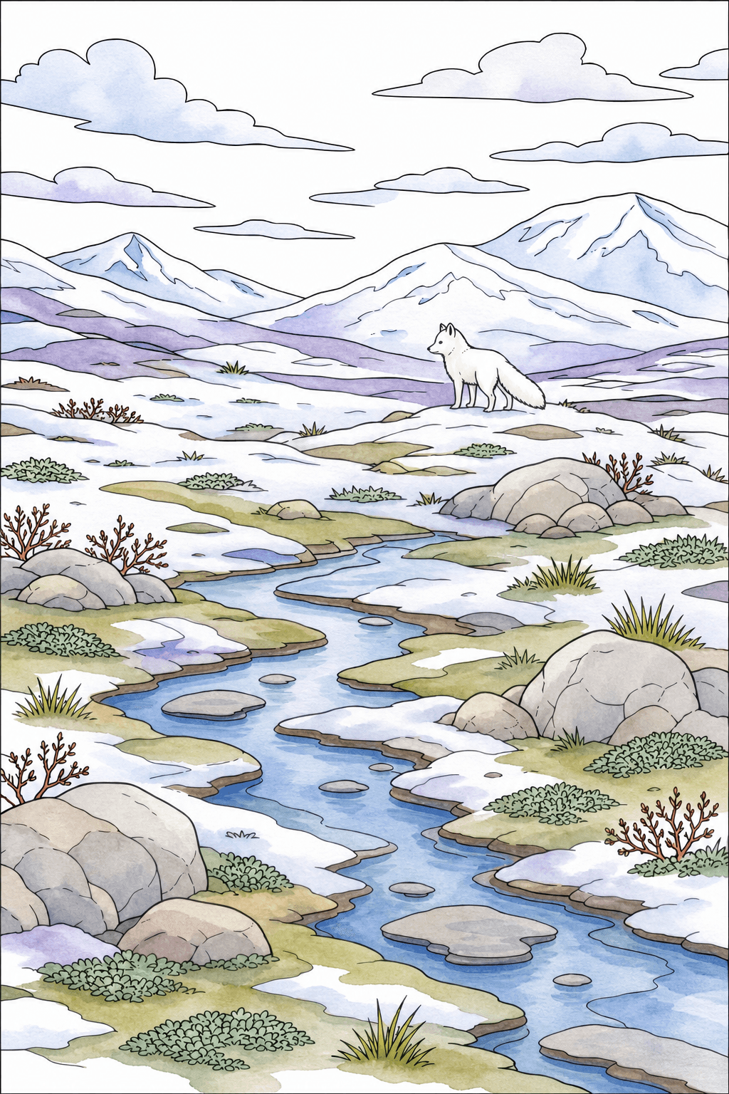 Arctic Fox Beside a Winding Tundra Stream watercolor colorized preview