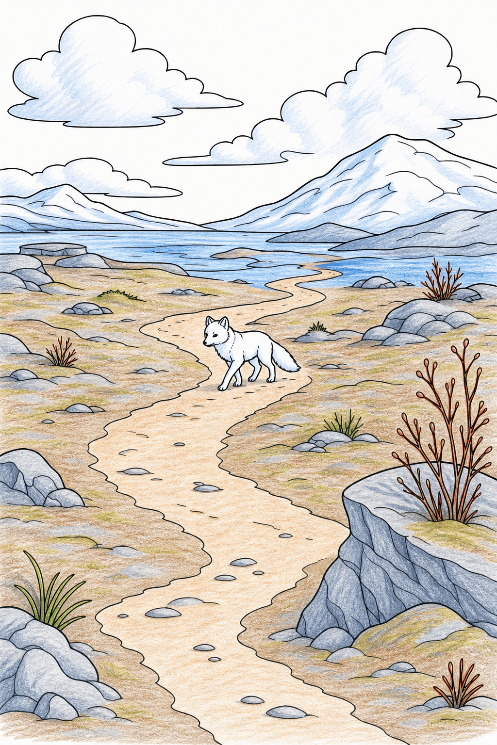 Fox Walking Along a Winding Mountain Path colored-pencil colorized preview
