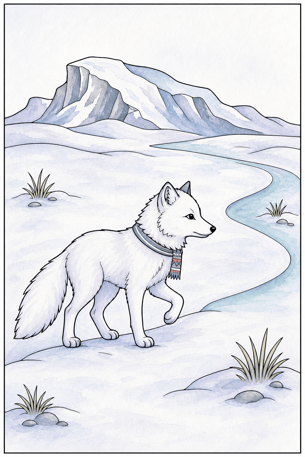 Arctic Fox on a Winding Tundra Path watercolor colorized preview