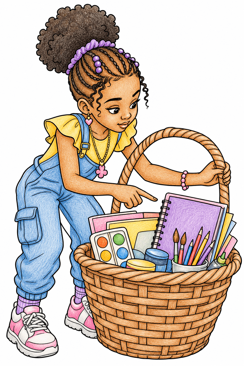 Girl Exploring a Basket of Art Supplies colored-pencil colorized preview