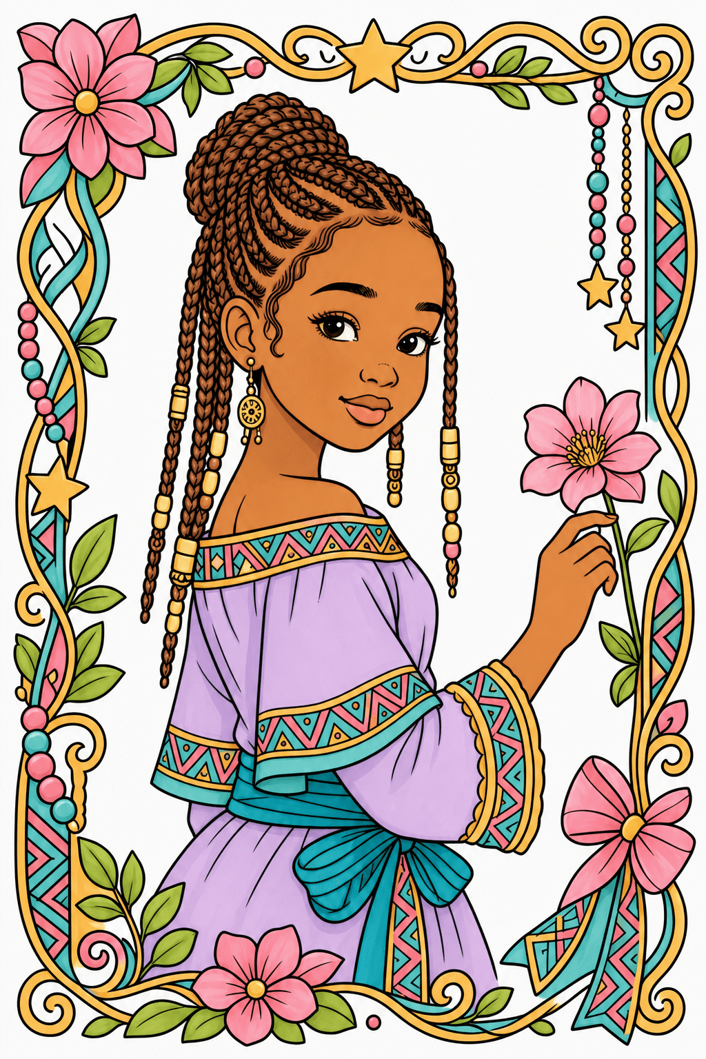 Braided Girl Holding a Flower in a Decorative Frame clean-digital colorized preview